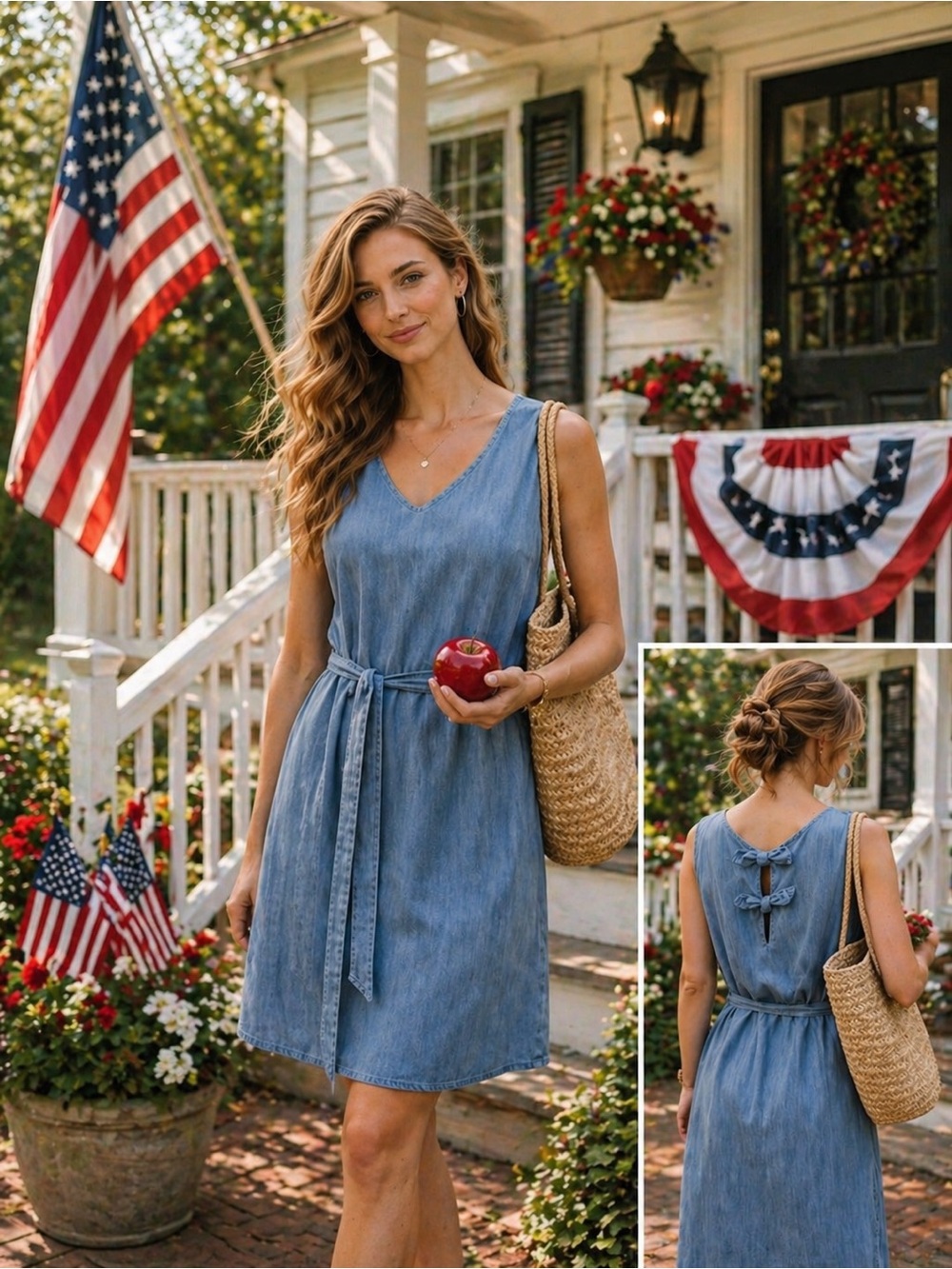 Market & Spruce Chambray Denim Midi Dress | V-Neck Tie Back | Size L